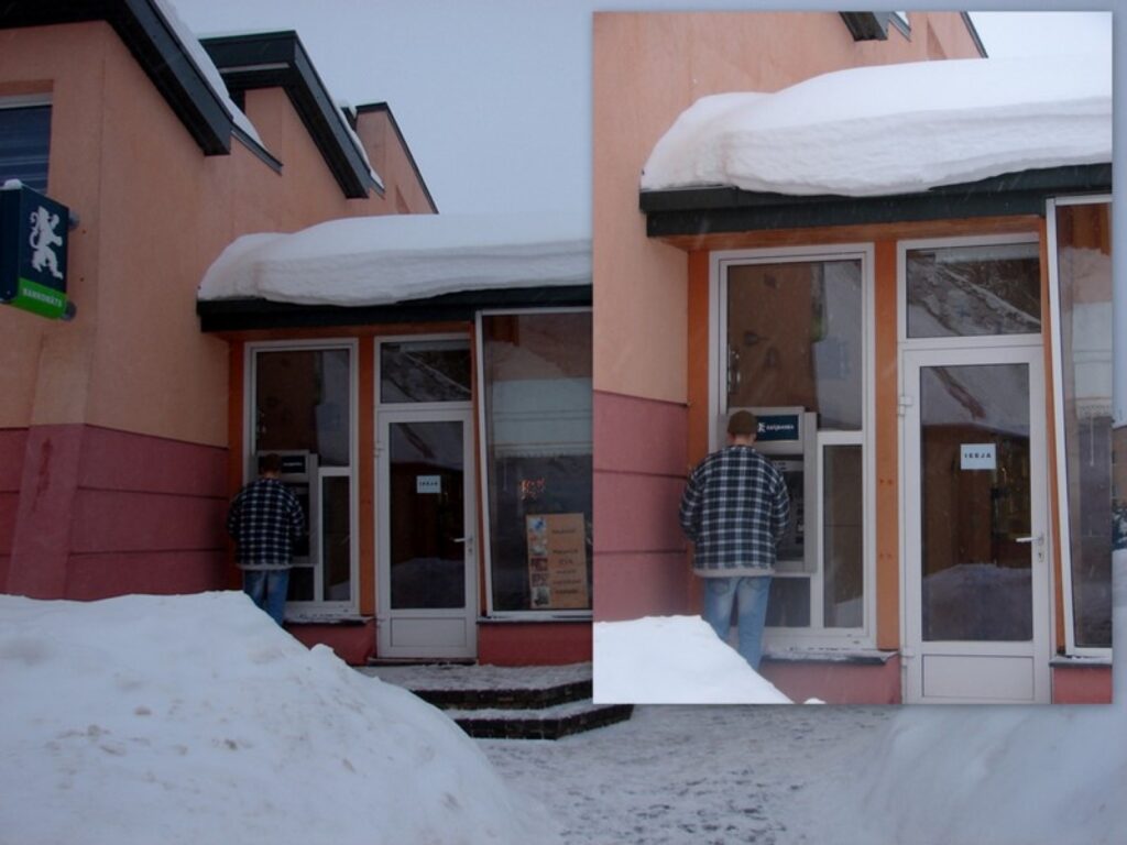 Nepatīkami, ka maiznīca „Ieva” pat nav parūpējusies par savu apmeklētāju drošību. Sniegs biezā kārtā pāri jumtam malai liecas tieši virs ieejas durvīm. Tikpat „droši” ir arī pie bankomāta.
Autors: Santa Sinka