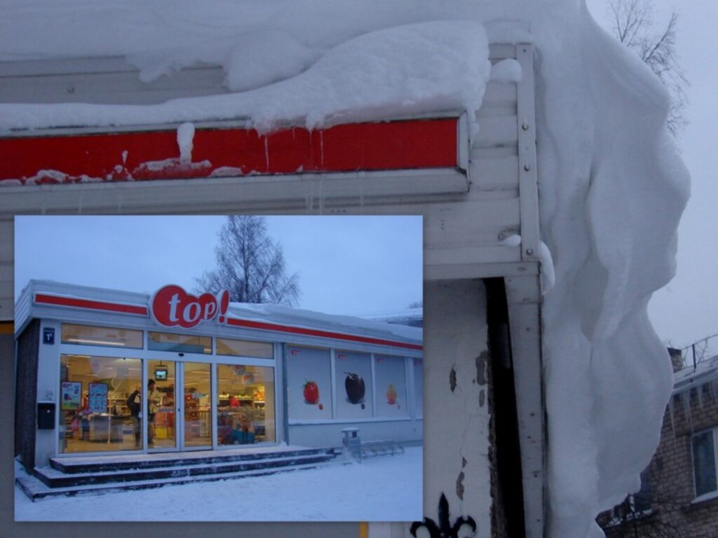 Ja jumta tīršanas darbi sākušies uz t/c „Centrs”, tad „Top!” veikala jumts Daugavas ielā ir neskarts. 
Autors: Santa Sinka