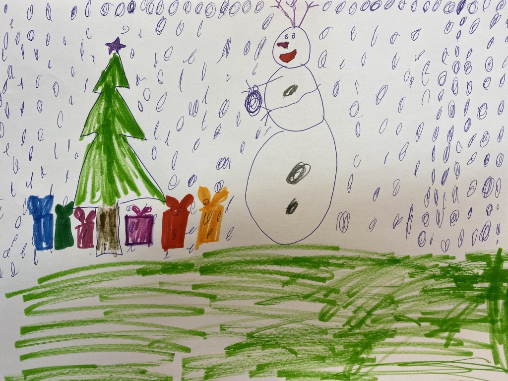 Samantas Kalnietes (6 gadi) ziemas prieku zīmējums